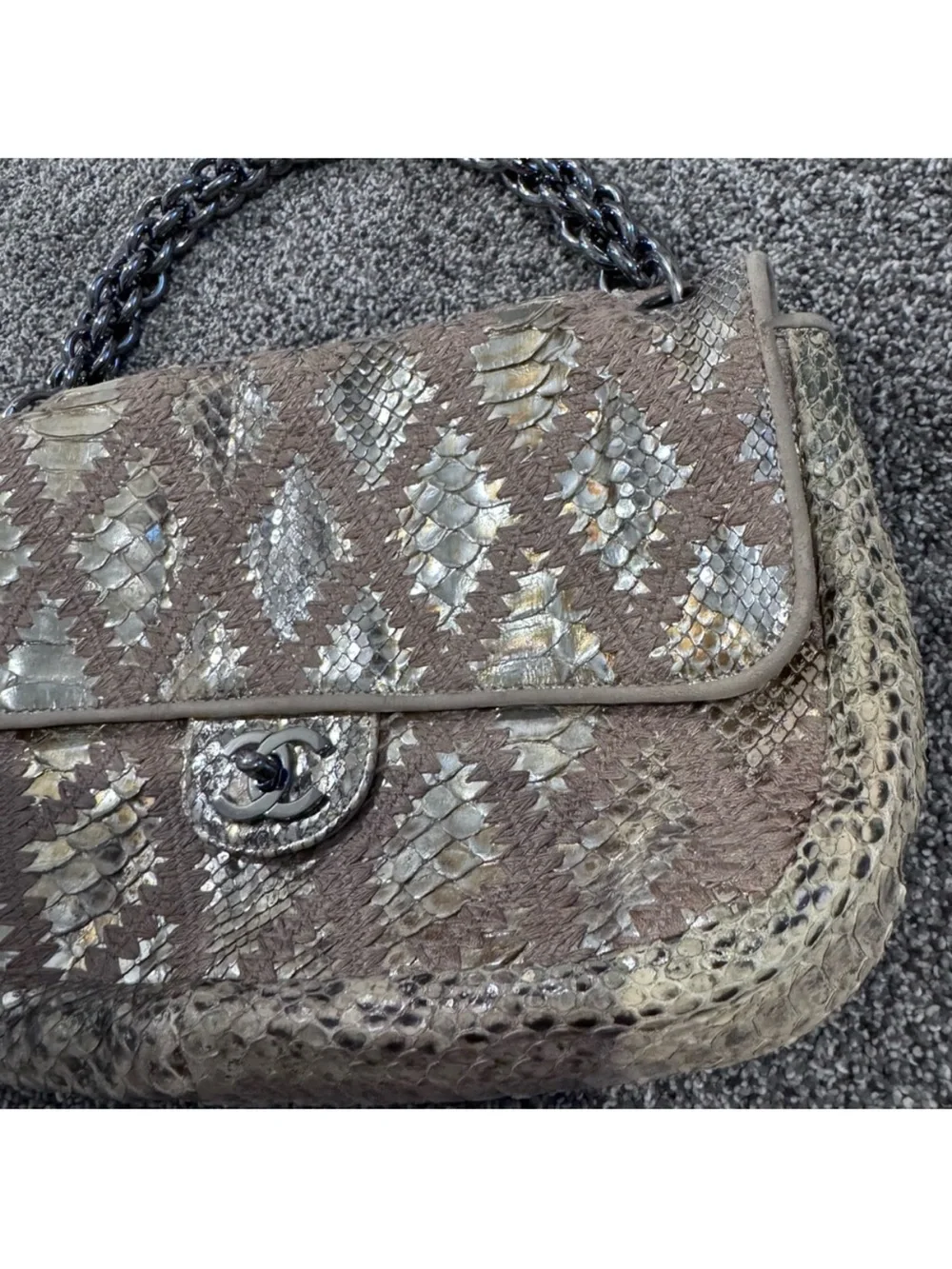 STUNNING CHANEL RARE GOLD/METALLIC PYTHON LEATHER Hobo with Chain Handle